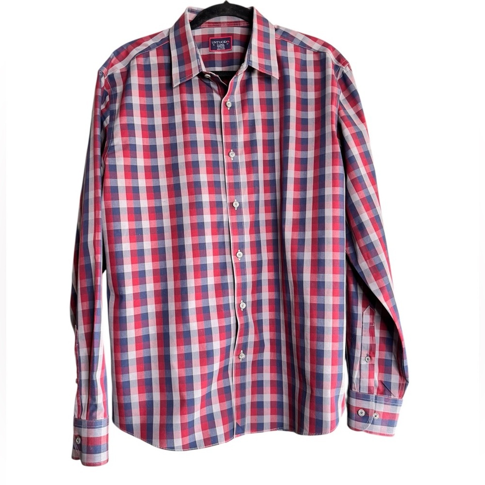 Untuckit Men’s XL Red Blue Plaid Button Down Shirt Classic Preppy Casual Cotton